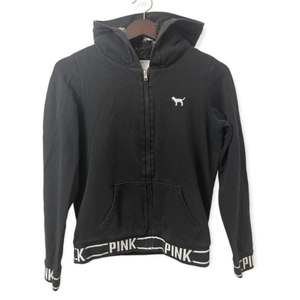 PINK oversized black lined zip up hoodie